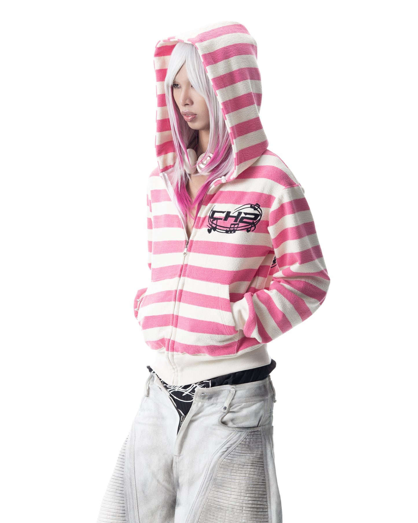 </2 MUSIC KNIT STRIPPED HOODIE ZIP UP