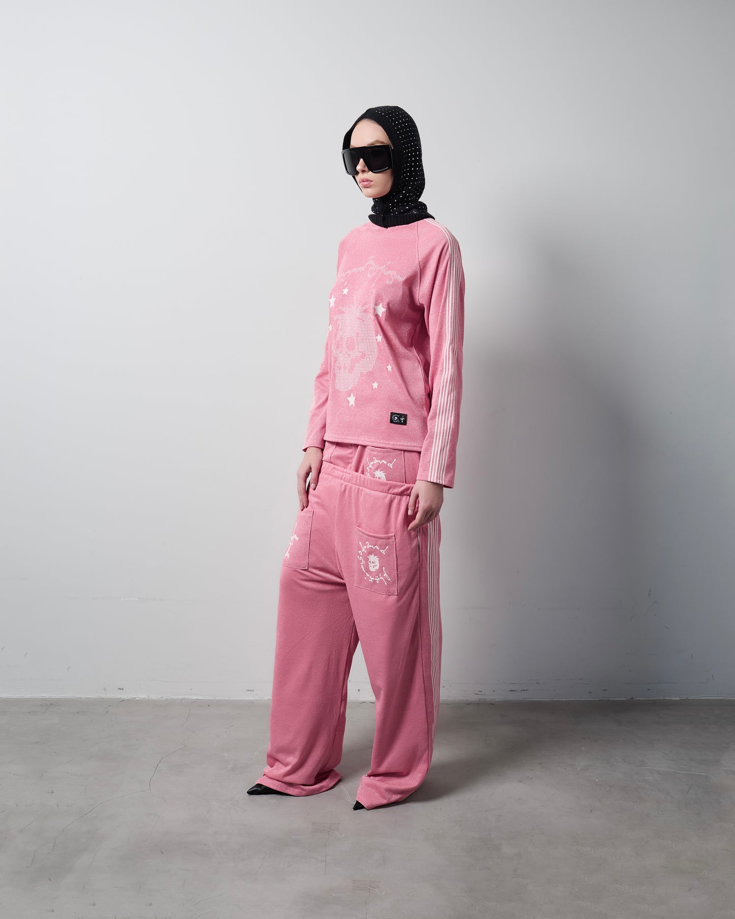 Pink "TOO MUCH FLEX" Sparkly Track Pants