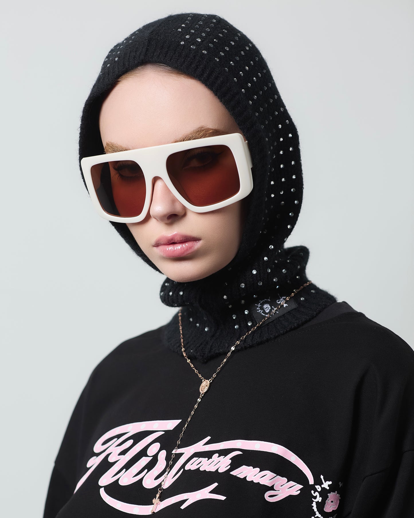 "TOO MUCH FLEX" RHINESTONES BALACLAVA (WHITE ON BLACK)