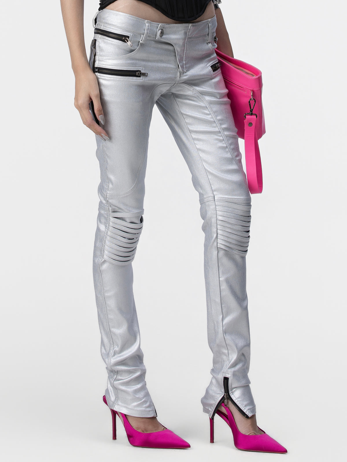 Metallic Low-Rise Biker Pants (Silver)