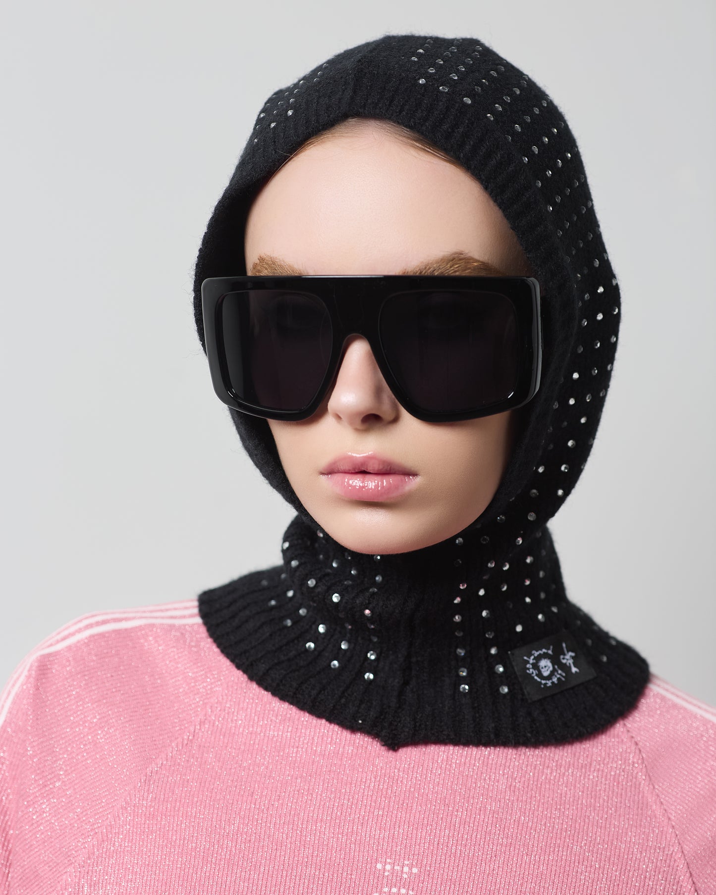 "TOO MUCH FLEX" RHINESTONES BALACLAVA (WHITE ON BLACK)