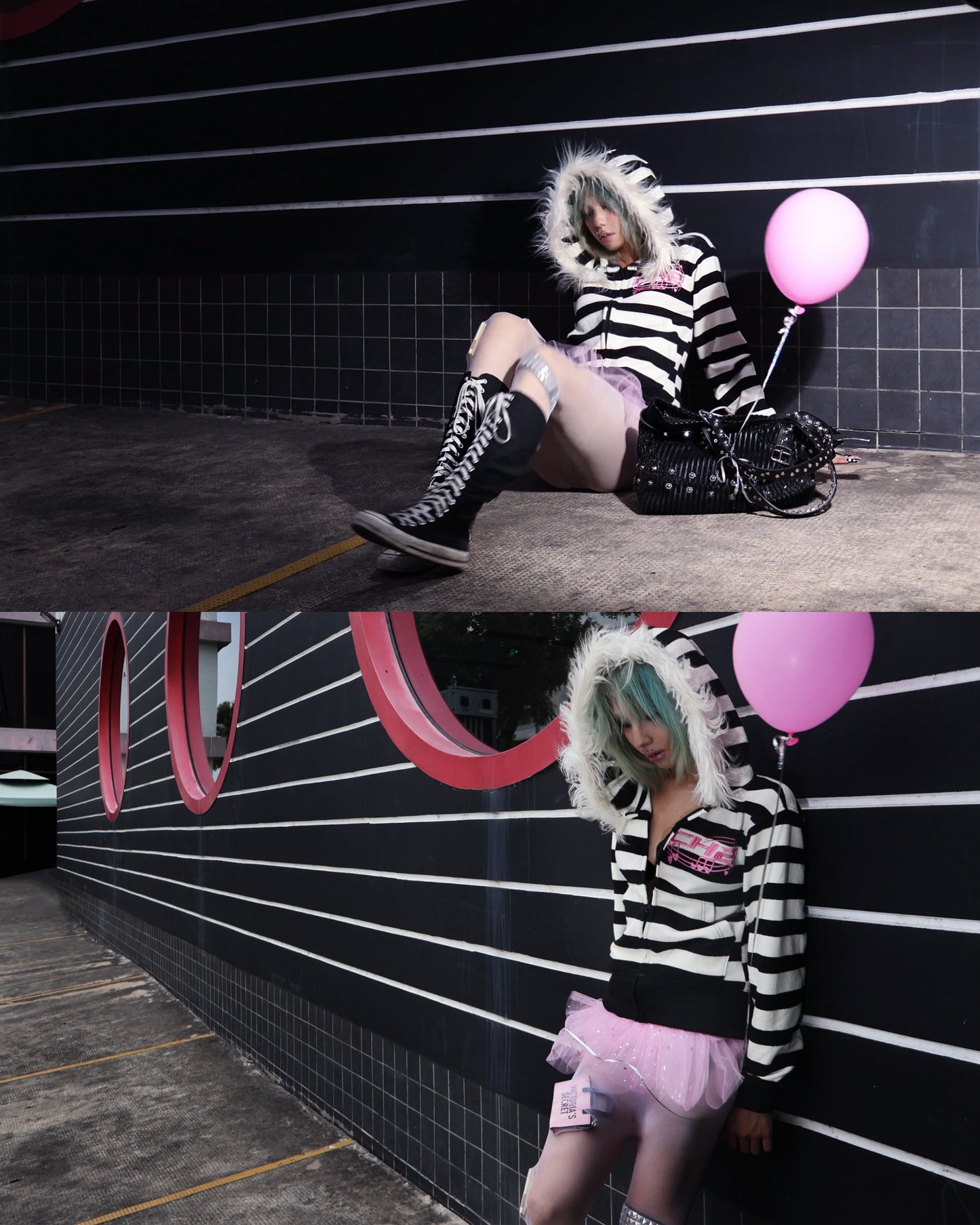 </2 STRIPED FUR ZIP UP HOODIE