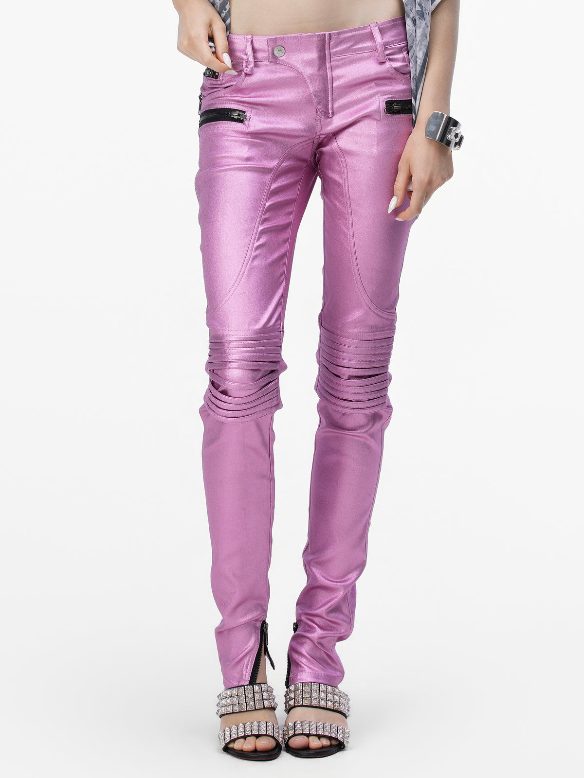 Metallic Low-Rise Biker Pants (Pink)