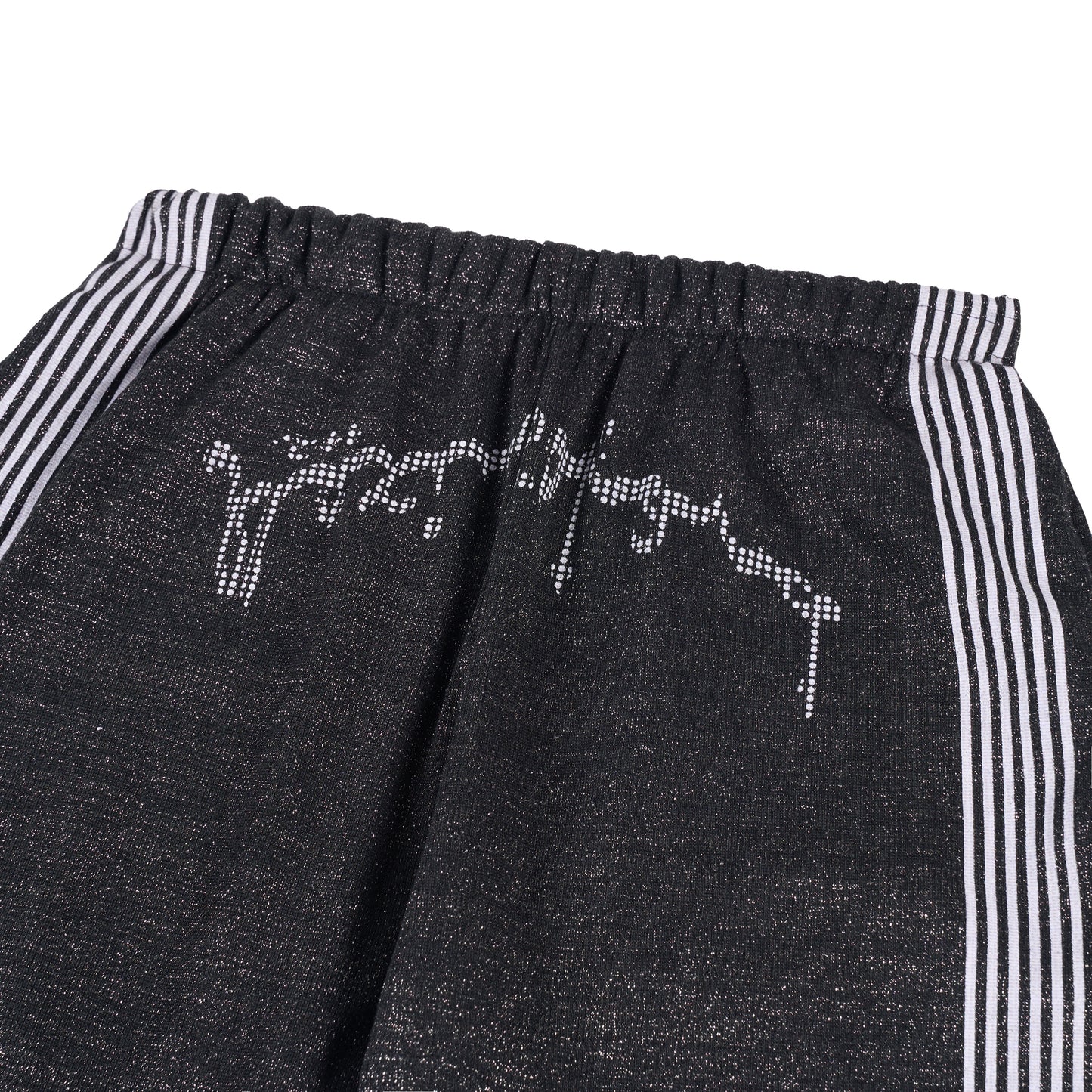 Black "TOO MUCH FLEX" Sparkly Track Pants