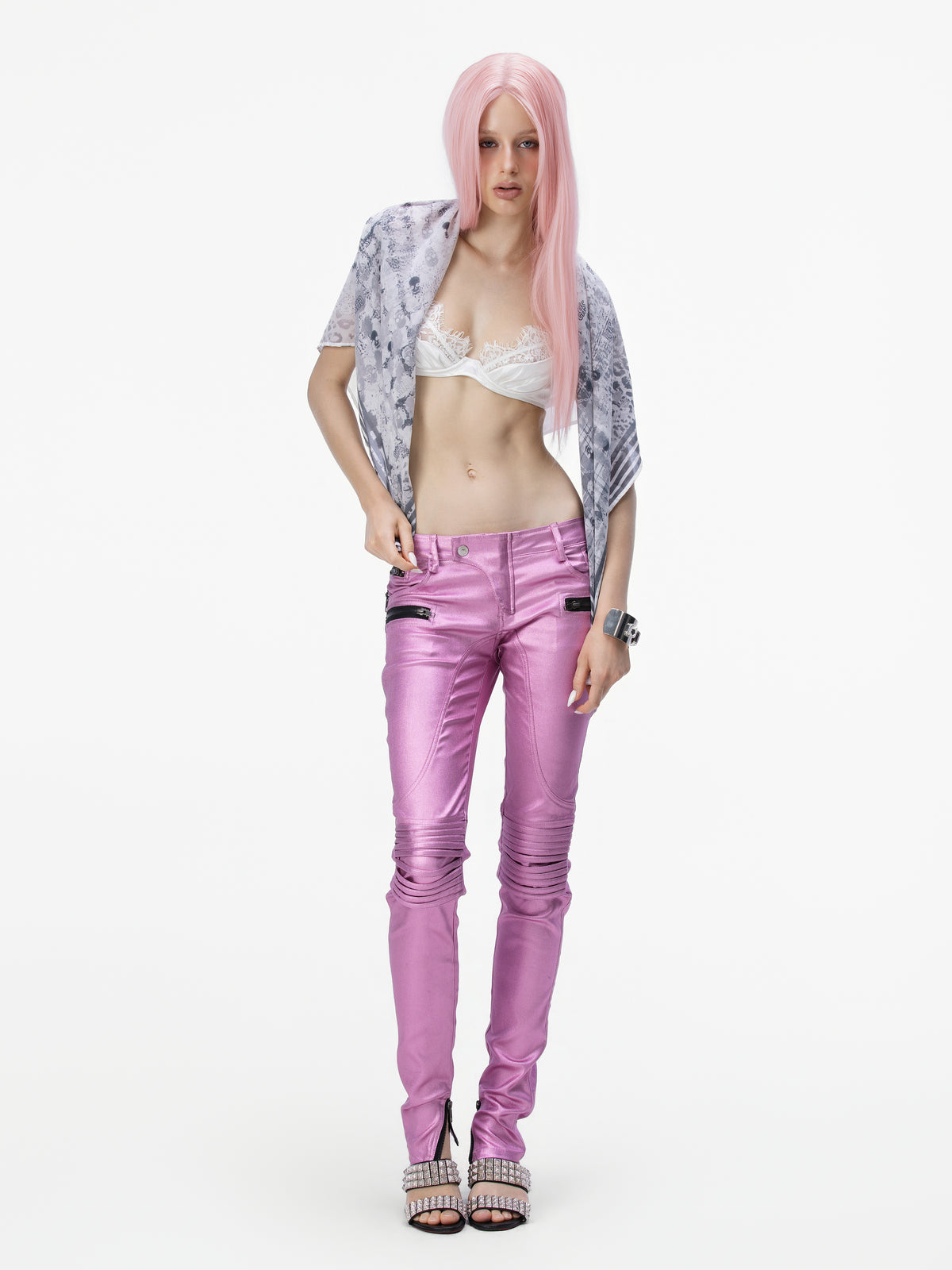 Metallic Low-Rise Biker Pants (Pink)