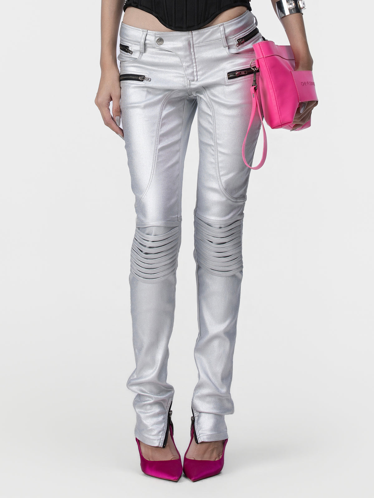 Metallic Low-Rise Biker Pants (Silver)