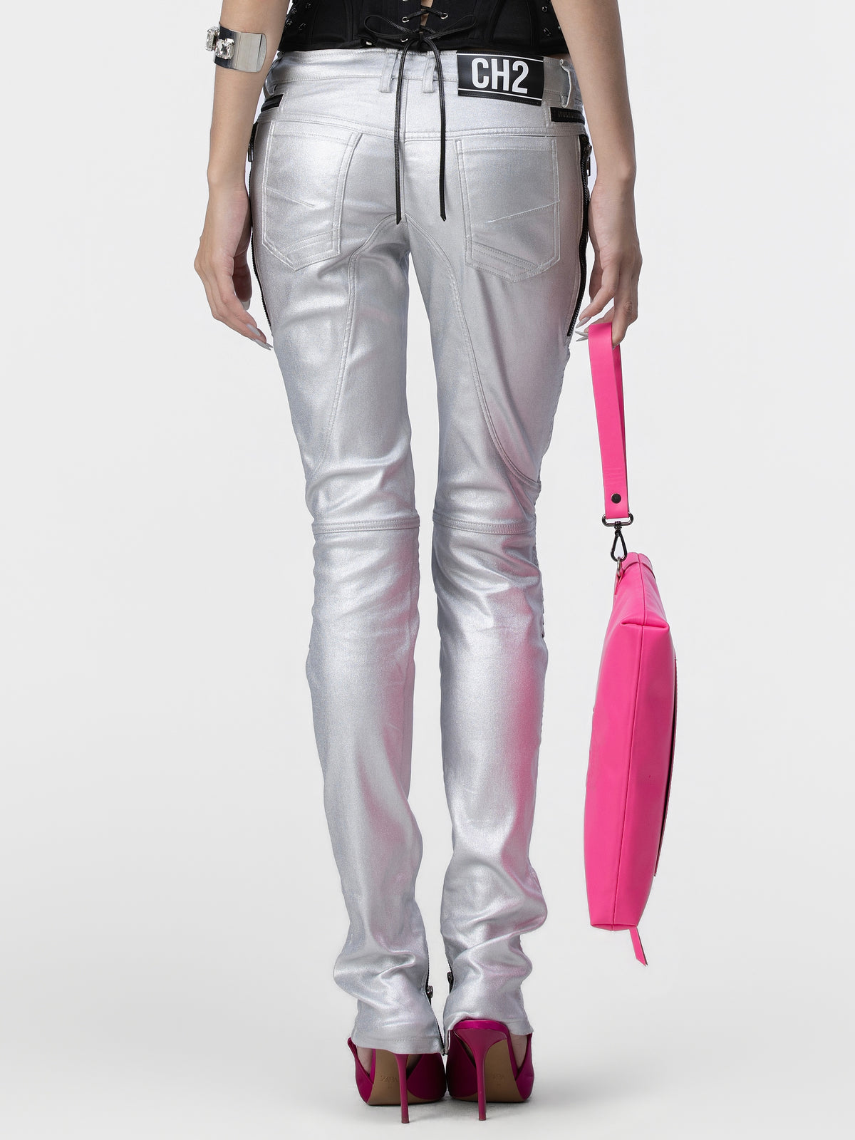 Metallic Low-Rise Biker Pants (Silver)