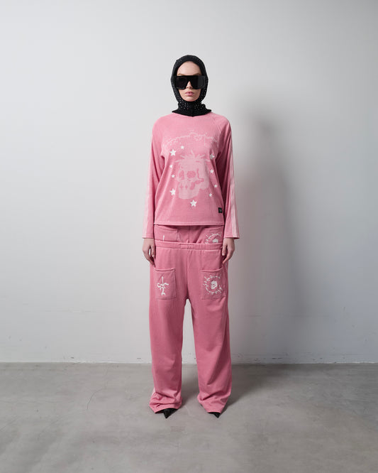 Pink "TOO MUCH FLEX" Sparkly Track Pants