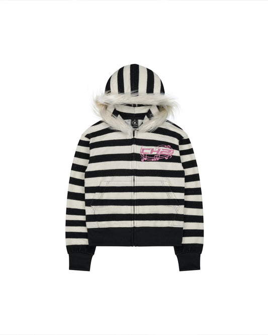</2 STRIPED FUR ZIP UP HOODIE