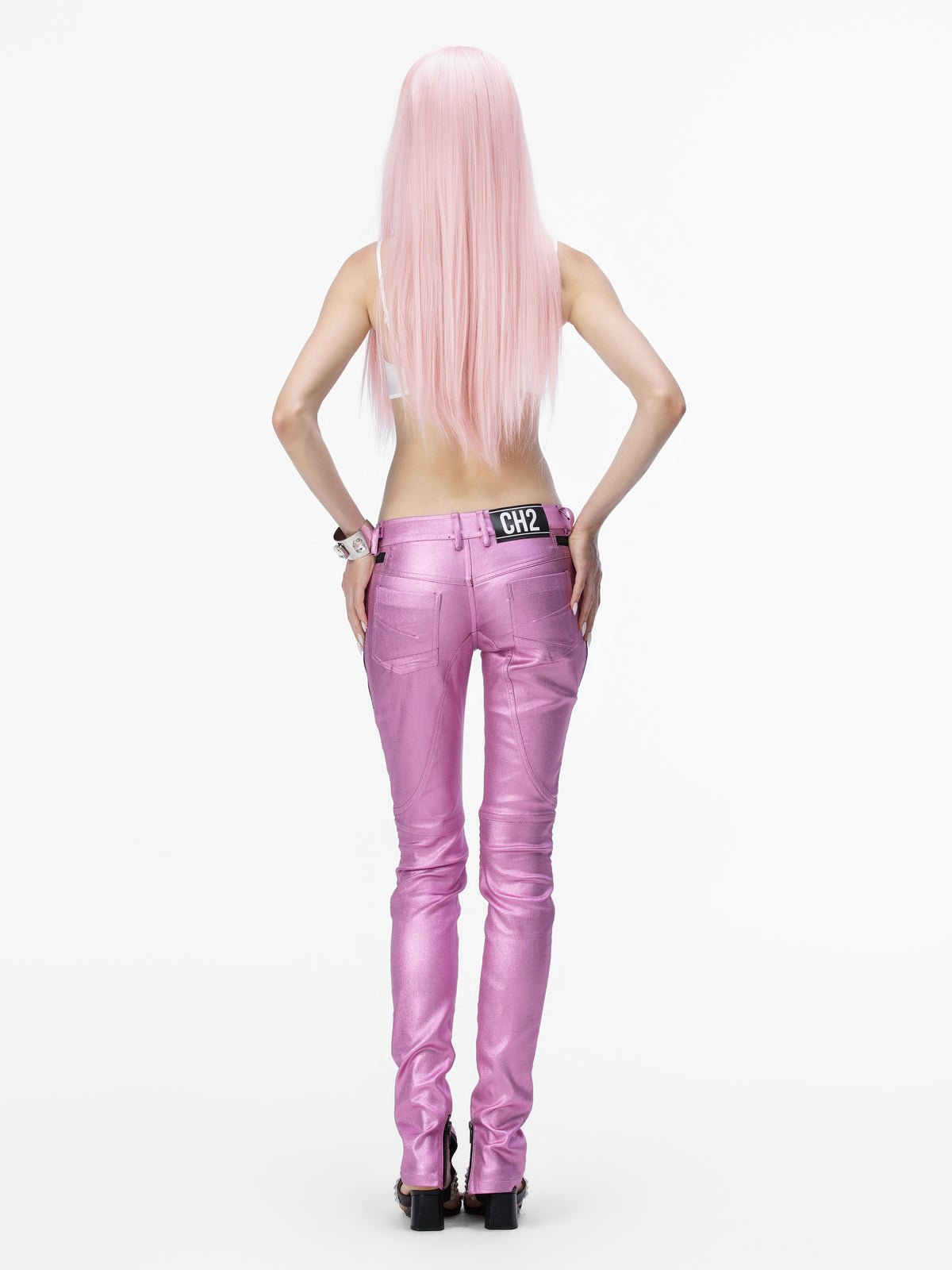 Metallic Low-Rise Biker Pants (Pink)