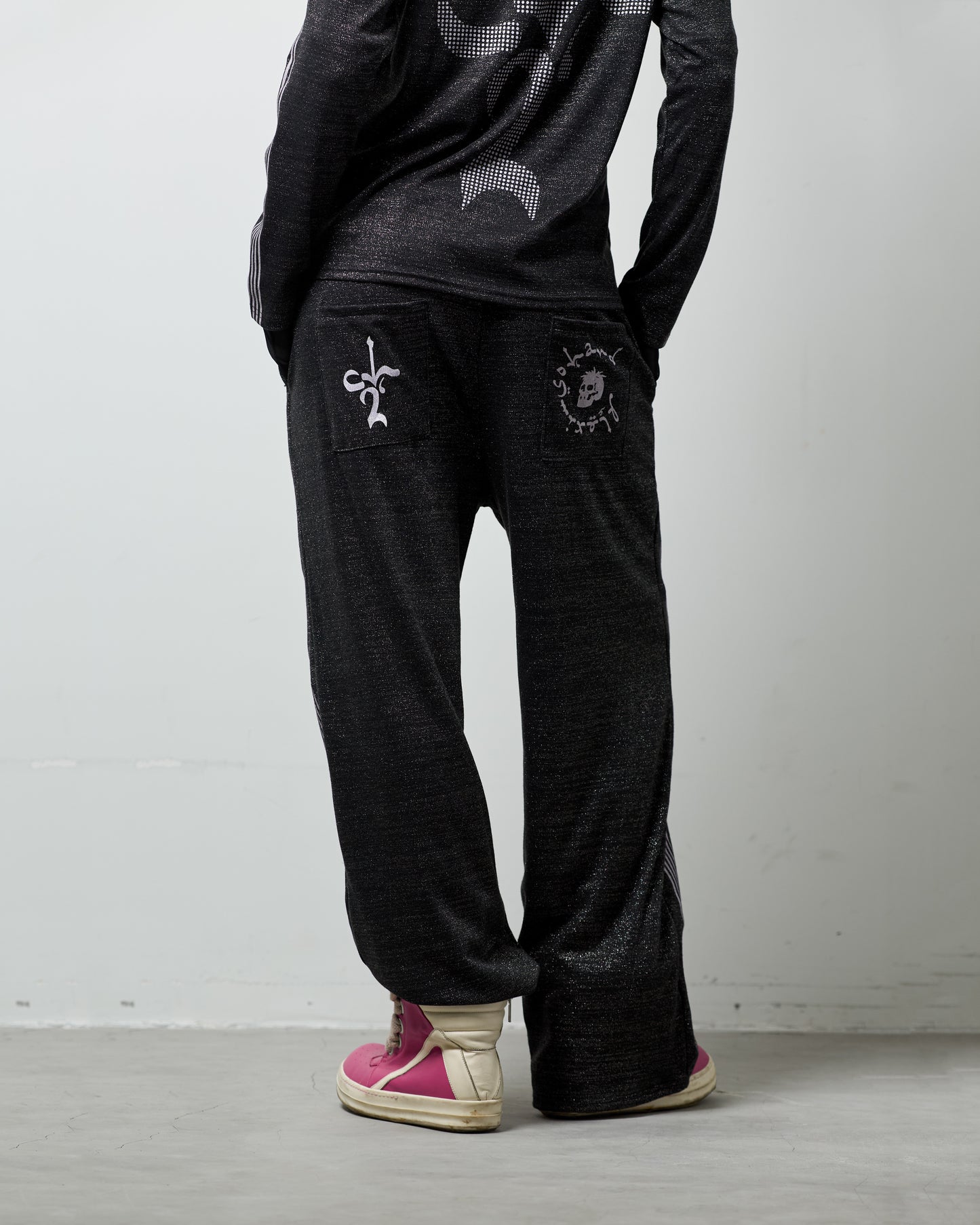 Black "TOO MUCH FLEX" Sparkly Track Pants