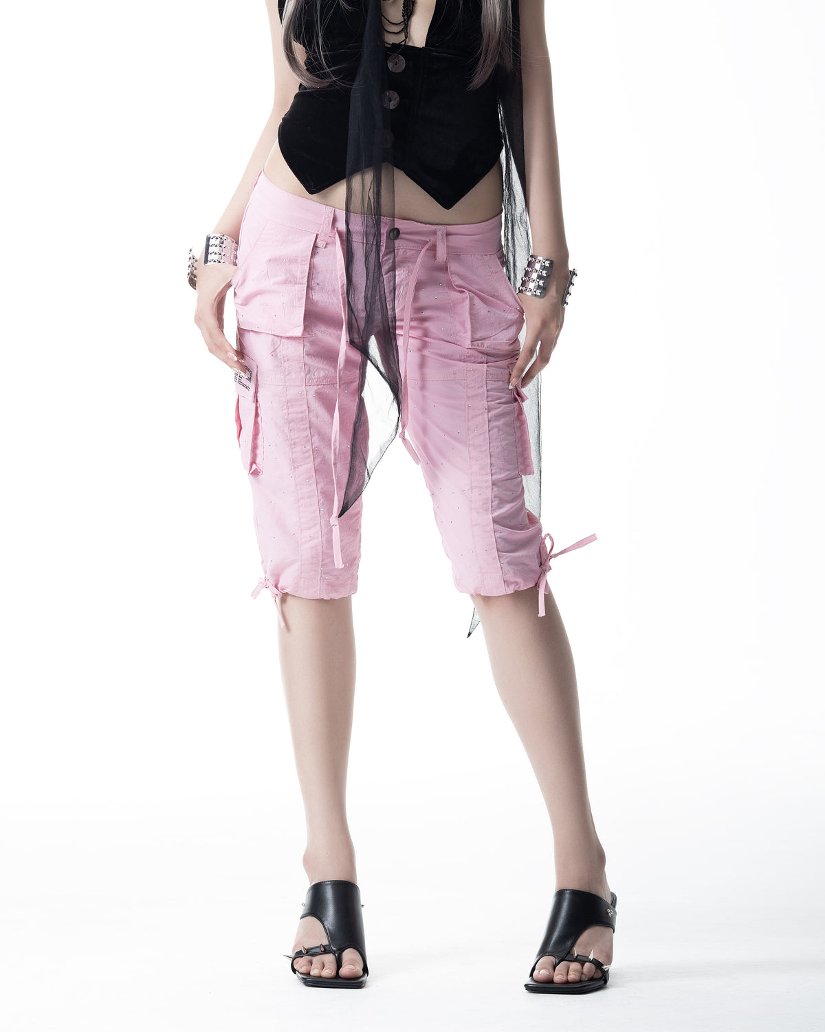 </2 PINK RHINESTONES CARGO CAPRI TROUSERS