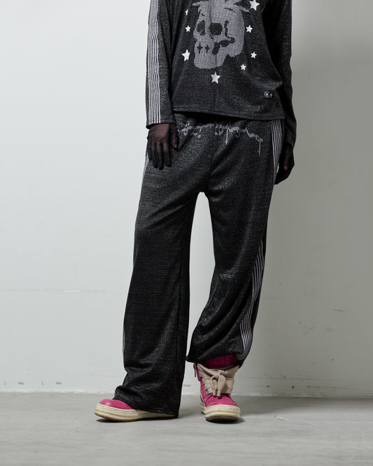 Black "TOO MUCH FLEX" Sparkly Track Pants